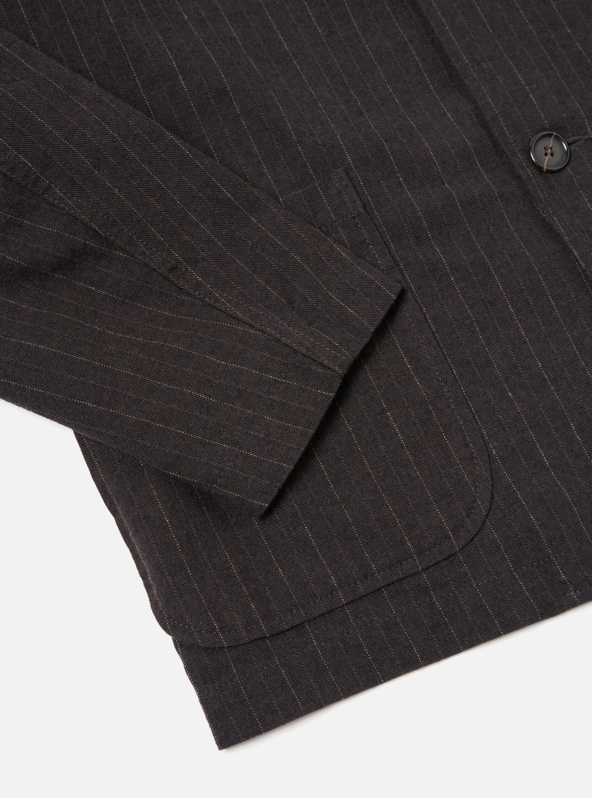 Universal Works Three Button Jacket in Brown Italian Pinstripe