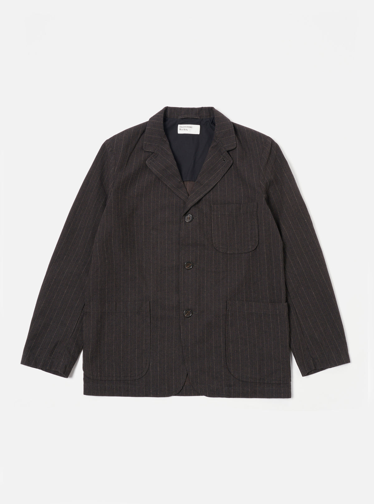 Universal Works Three Button Jacket in Brown Italian Pinstripe