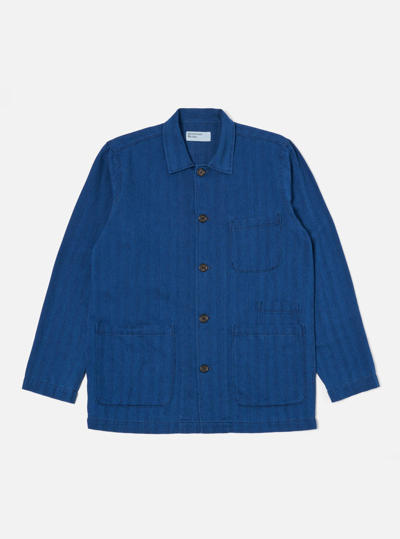 Universal Works Bakers Overshirt in Washed Indigo Herringbone Denim