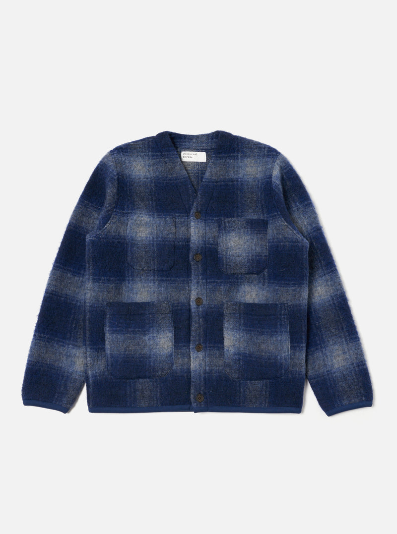 Universal Works Cardigan in Navy/Grey Fresco Fleece