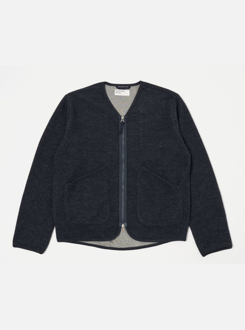 Universal Works Zip Liner Jacket in Navy Soft Wool Cotton Knit