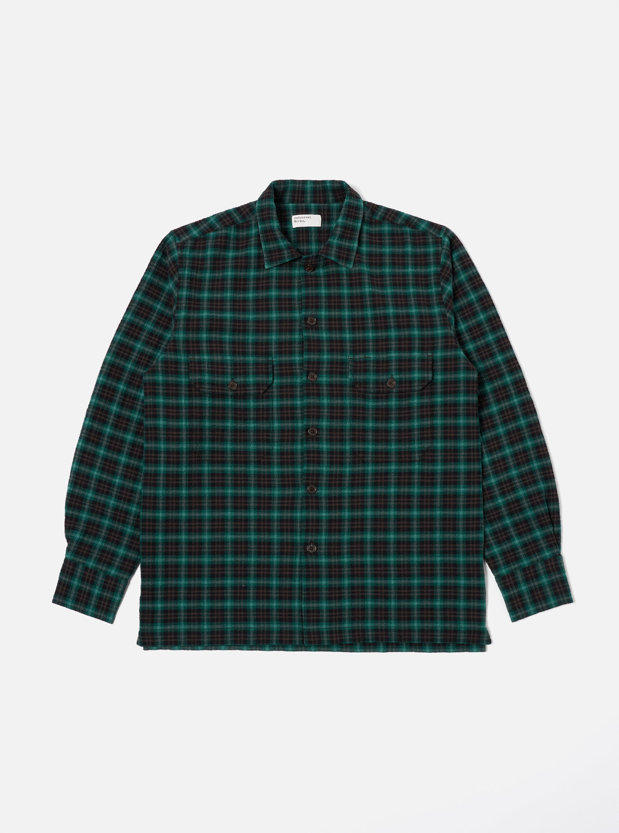 Universal Works L/S Utility Shirt in Green/Black Seersucker PT Check