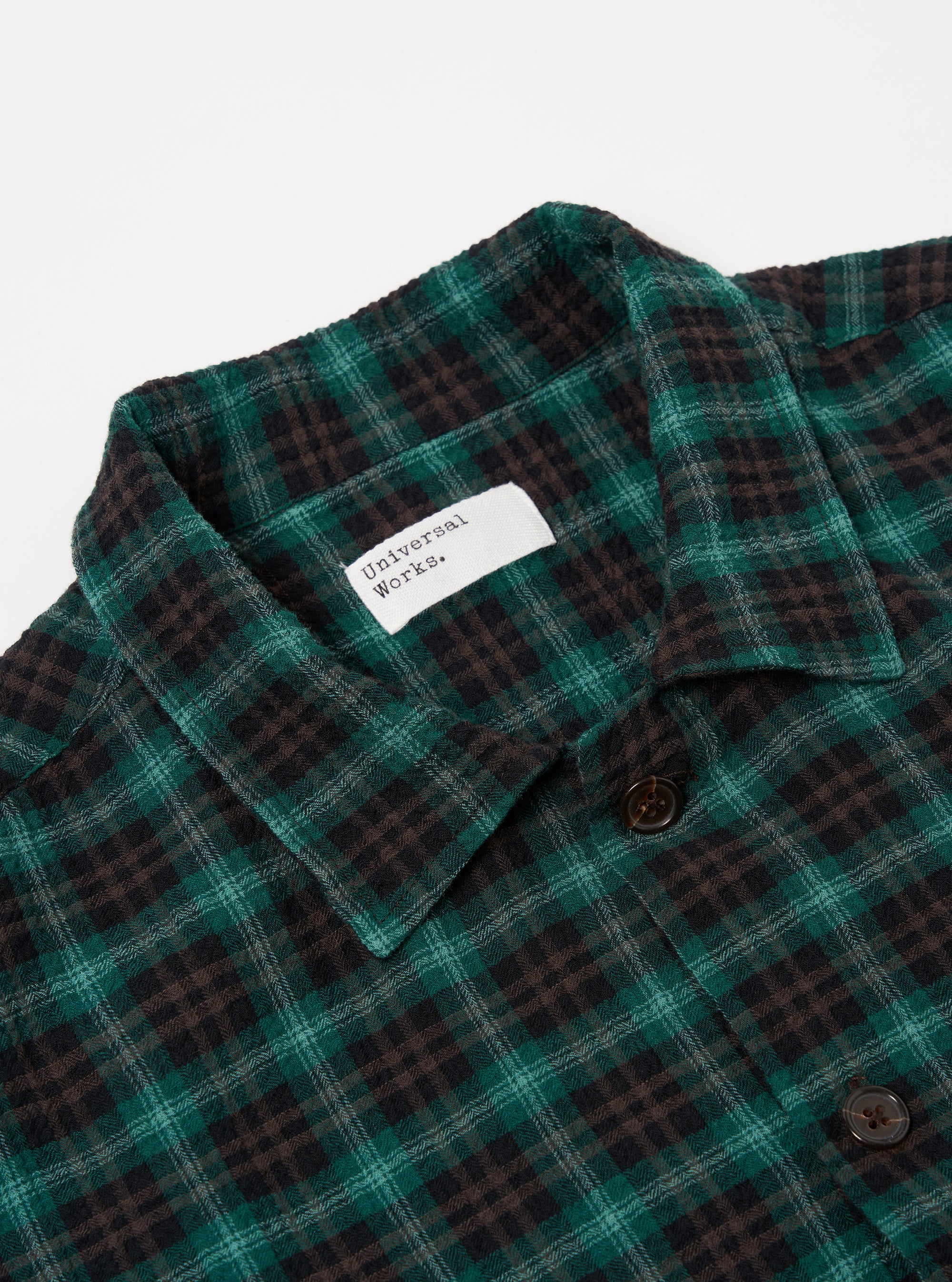 Universal Works L/S Utility Shirt in Green/Black Seersucker PT Check