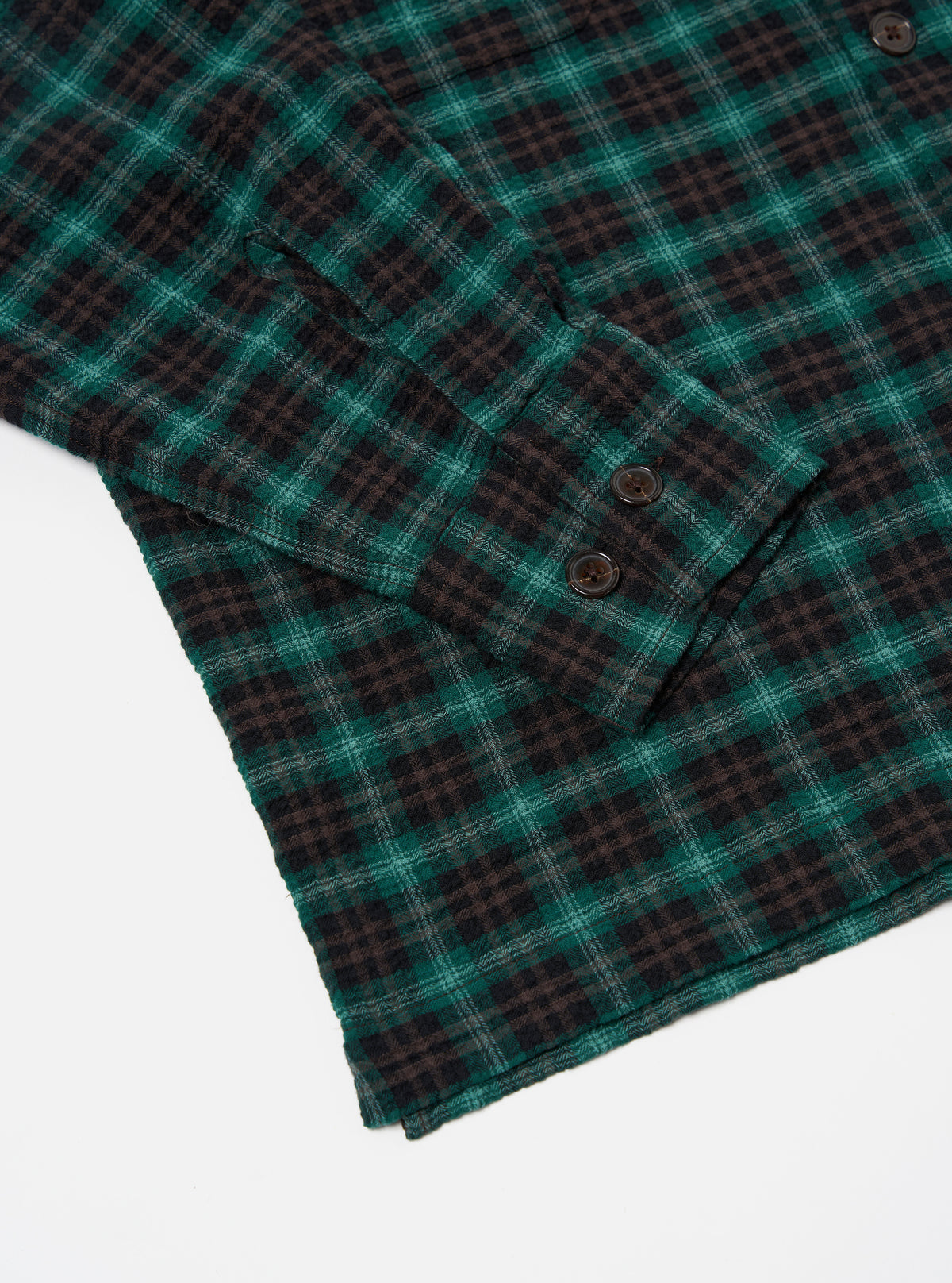 Universal Works L/S Utility Shirt in Green/Black Seersucker PT Check