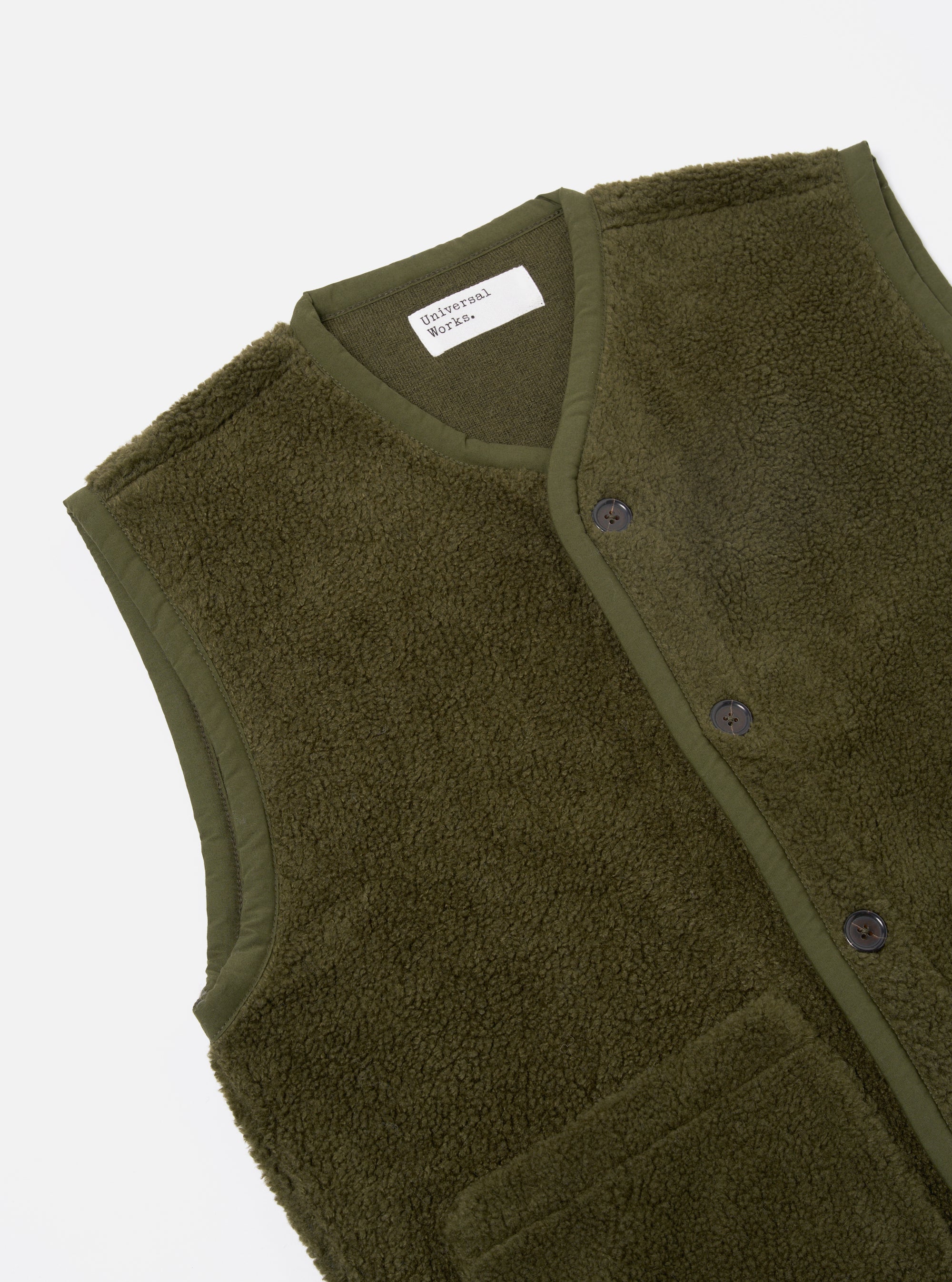 Universal Works Lancaster Gilet in Olive Mountain Fleece