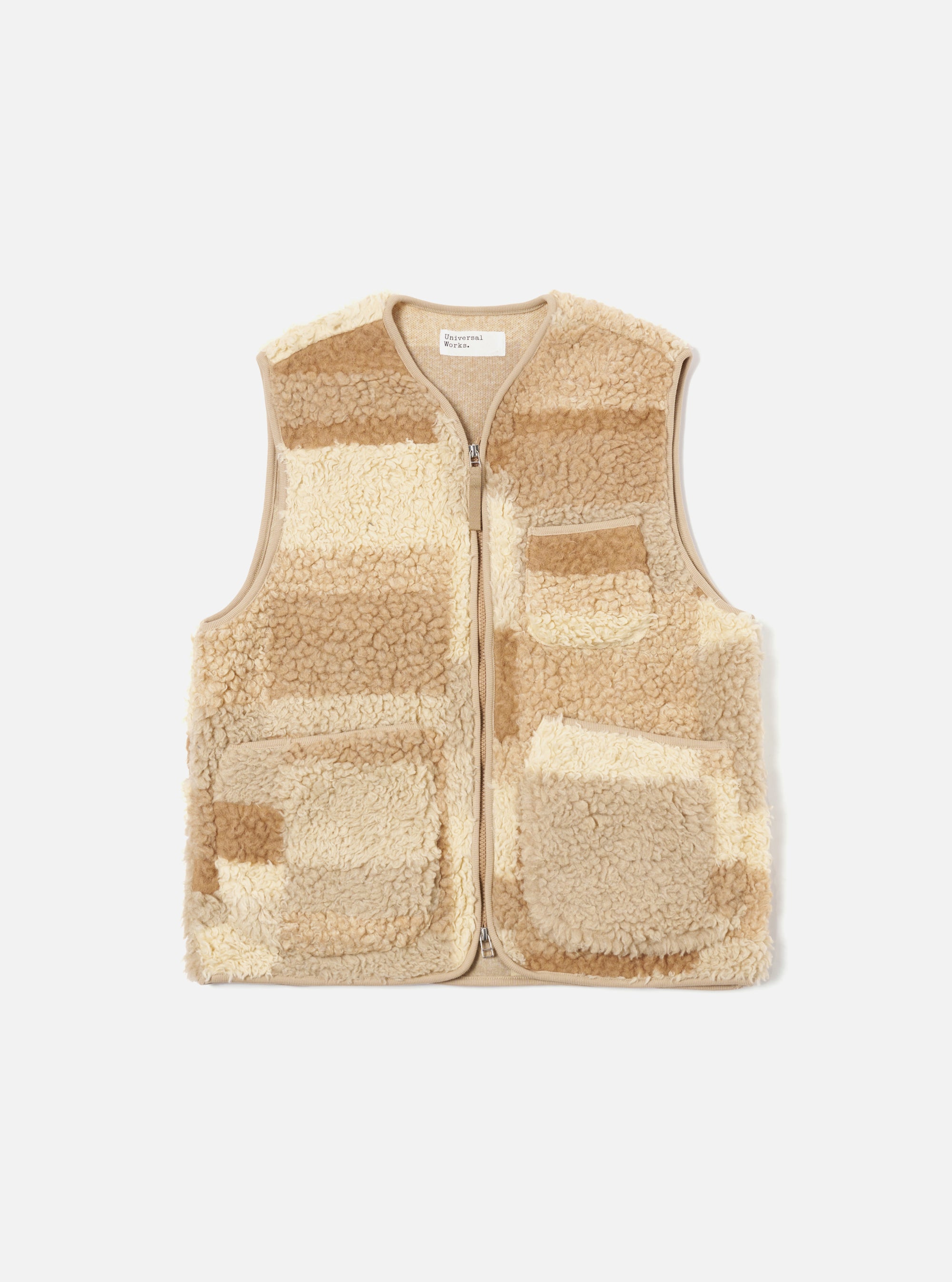 Universal Works Zip Gilet in Sand Patchwork Fleece