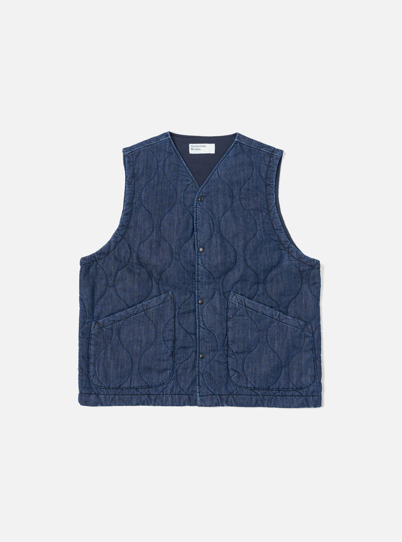 Universal Works Weekend Gilet in Indigo Quilt Denim