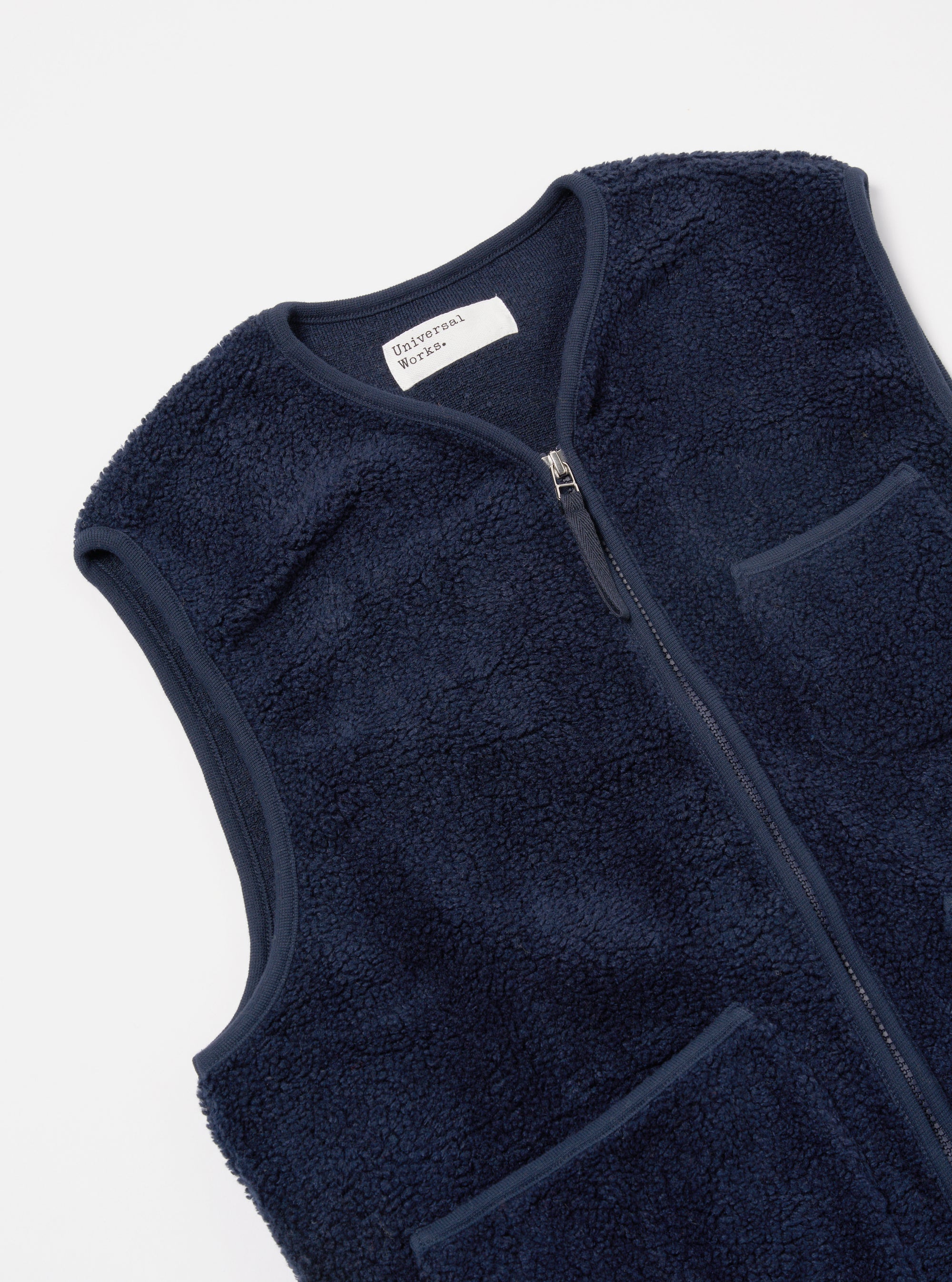 Universal Works Zip Gilet in Navy Mountain Fleece