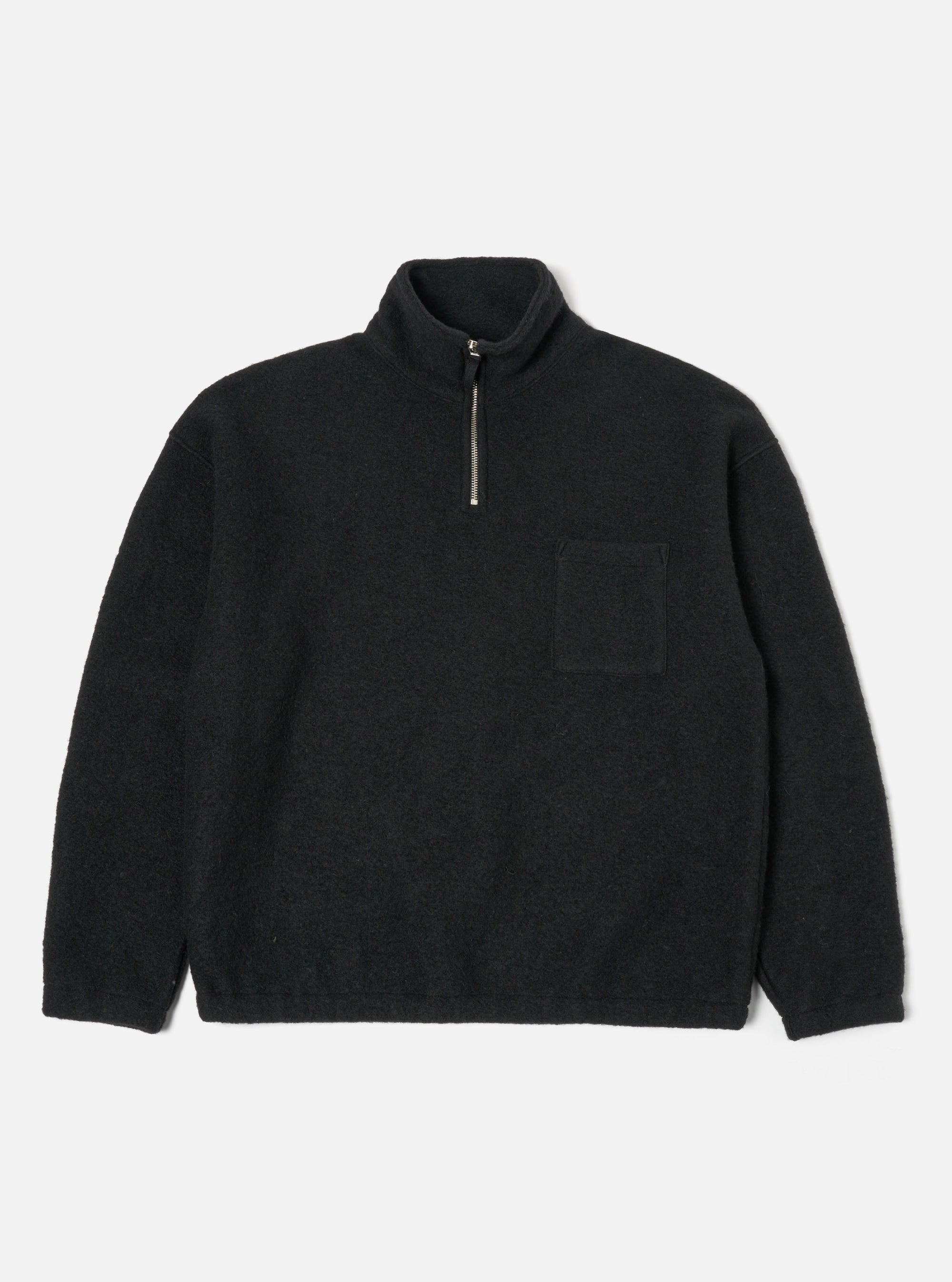 Universal Works Ramsay Quarter Zip in Black Wool Fleece