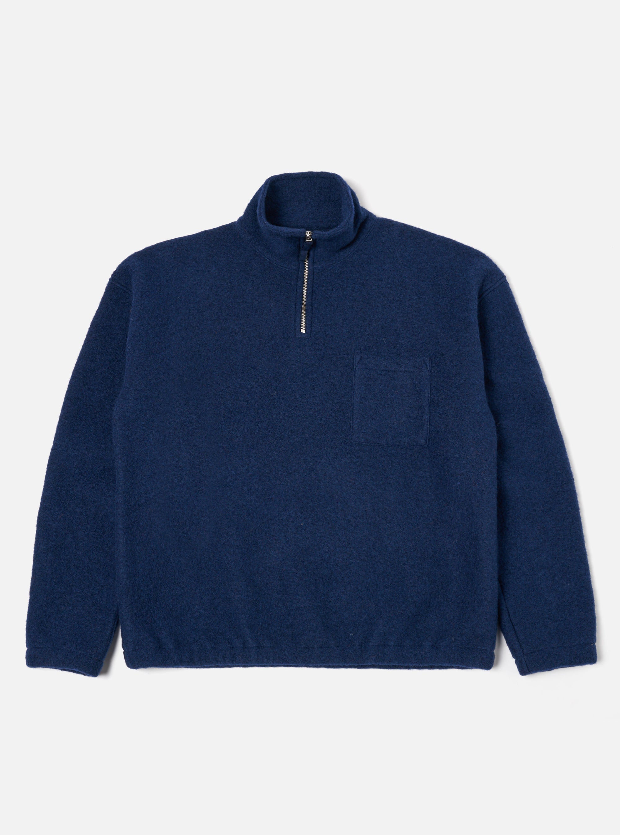 Universal Works Ramsay Quarter Zip in Indigo Wool Fleece