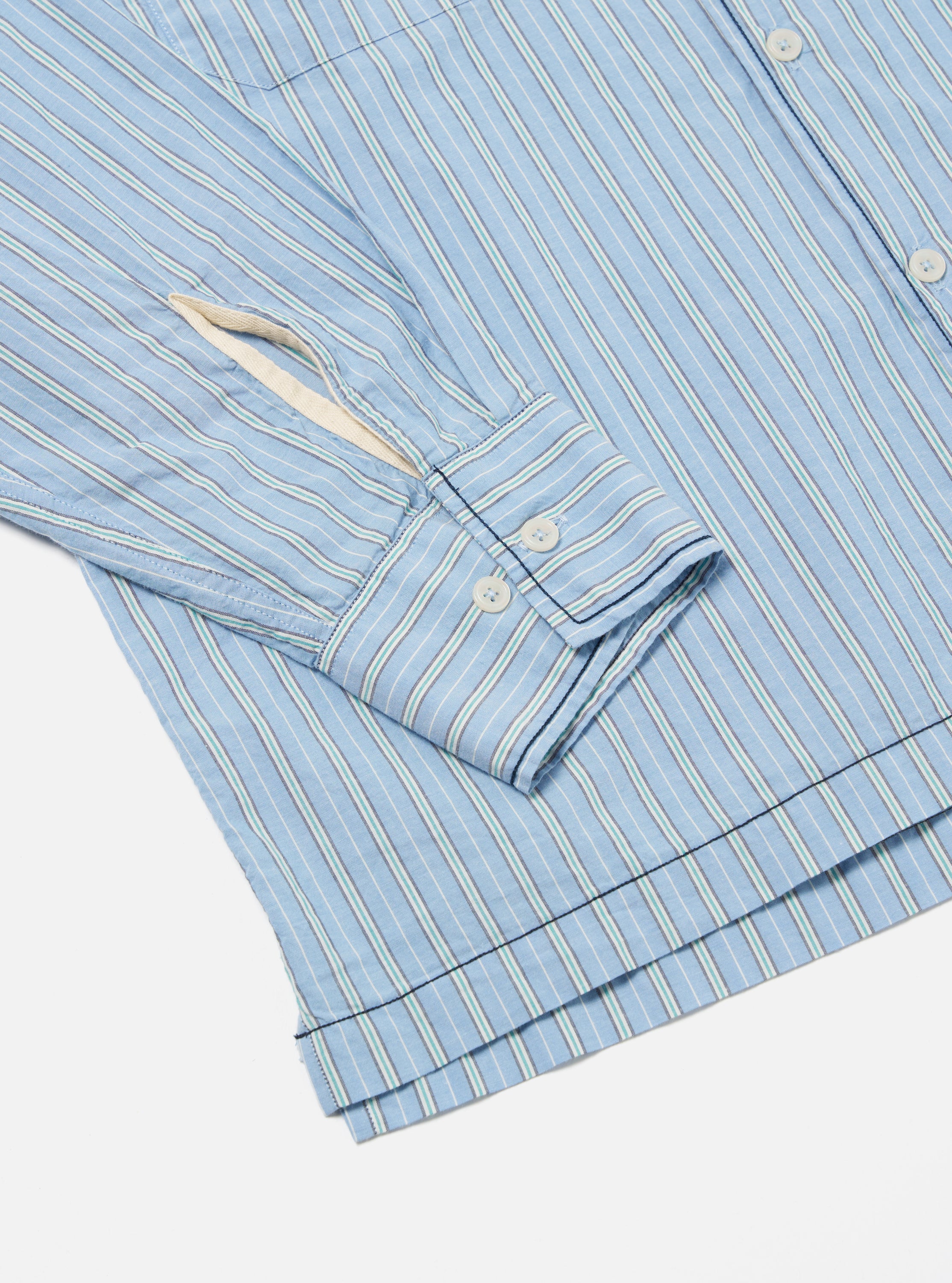 Universal Works Embroidered L/S Utility Shirt in Blue Chelsea Cotton Stripe