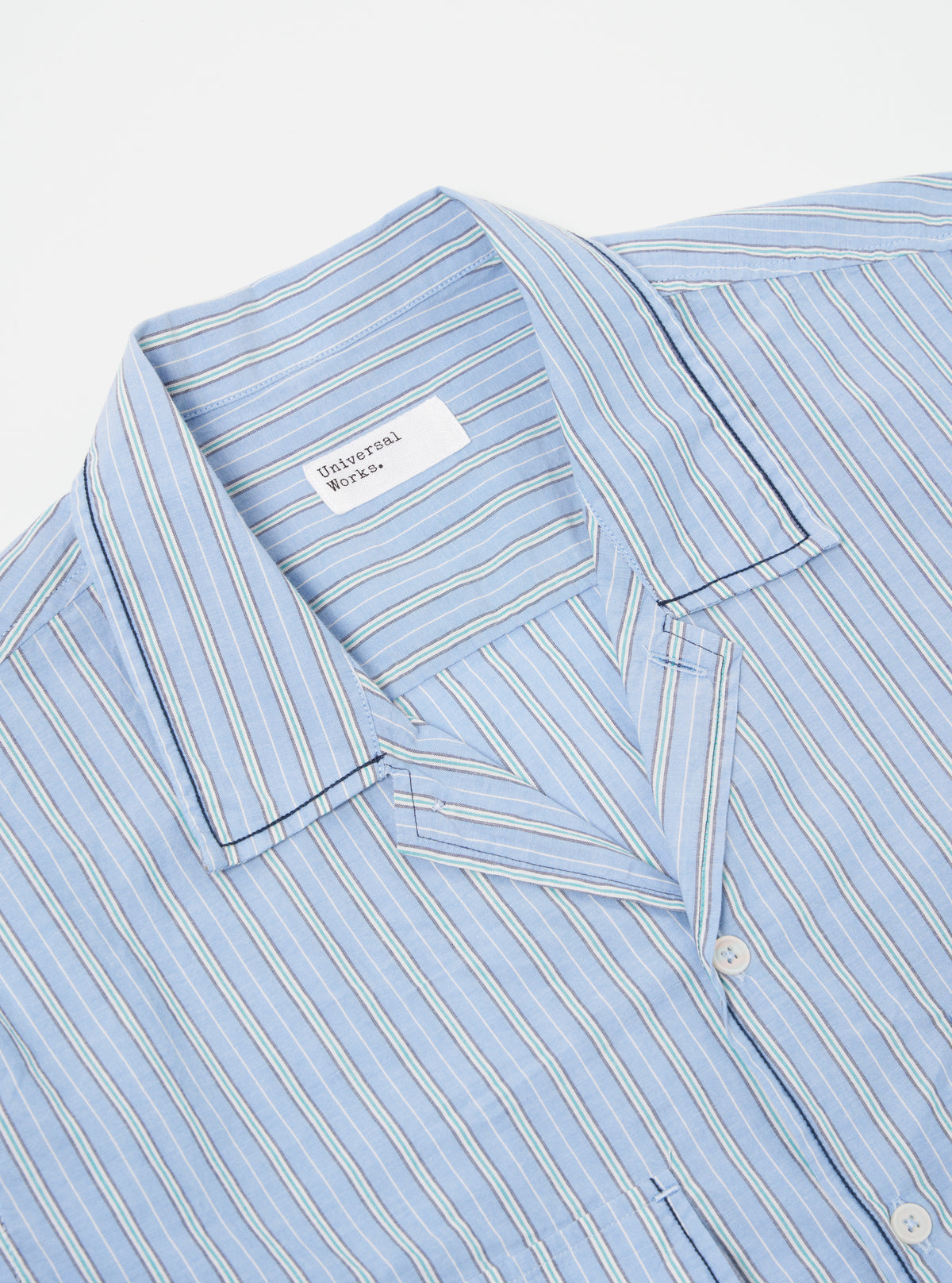 Universal Works Embroidered L/S Utility Shirt in Blue Chelsea Cotton Stripe