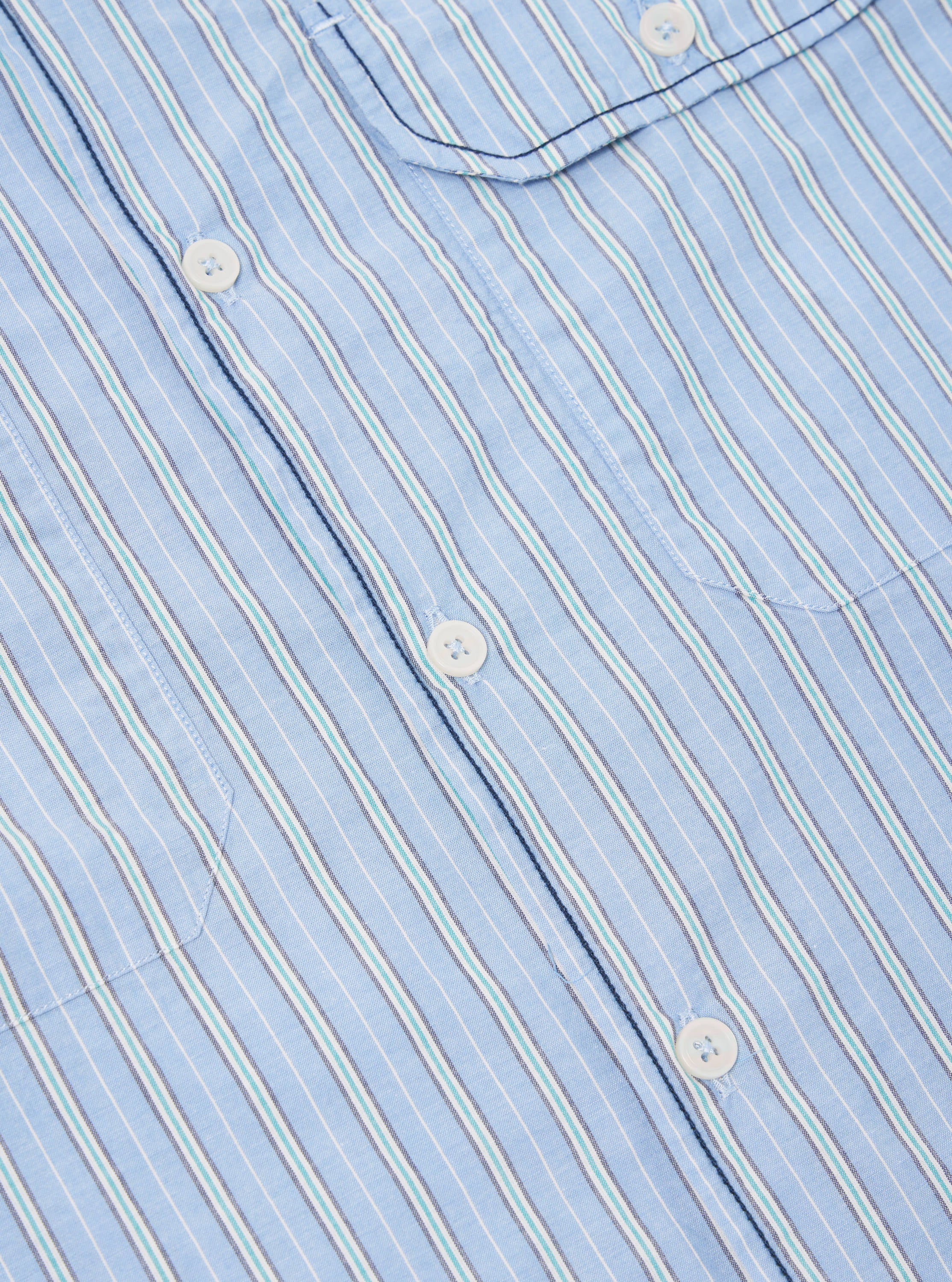 Universal Works Embroidered L/S Utility Shirt in Blue Chelsea Cotton Stripe