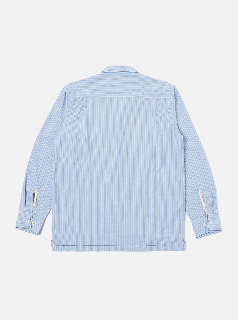 Universal Works Embroidered L/S Utility Shirt in Blue Chelsea Cotton Stripe