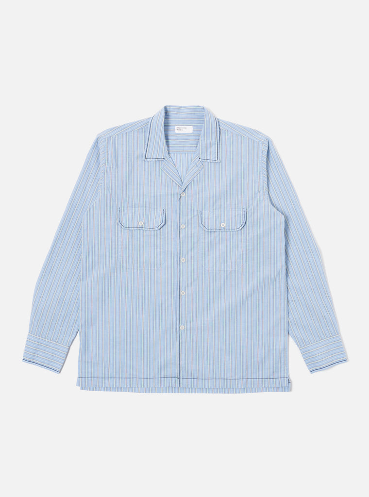 Universal Works Embroidered L/S Utility Shirt in Blue Chelsea Cotton Stripe