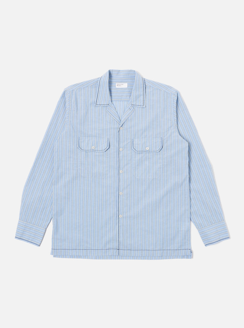 Universal Works Embroidered L/S Utility Shirt in Blue Chelsea Cotton Stripe