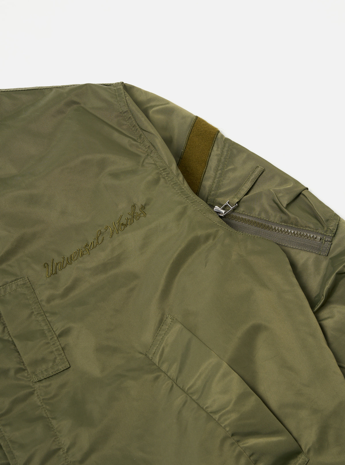 Universal Works Badge Bomber in Olive Flight Nylon