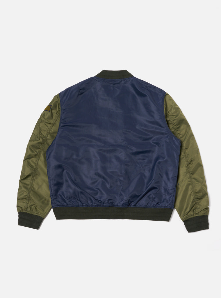 Universal Works Badge Bomber in Olive/Navy Flight Nylon