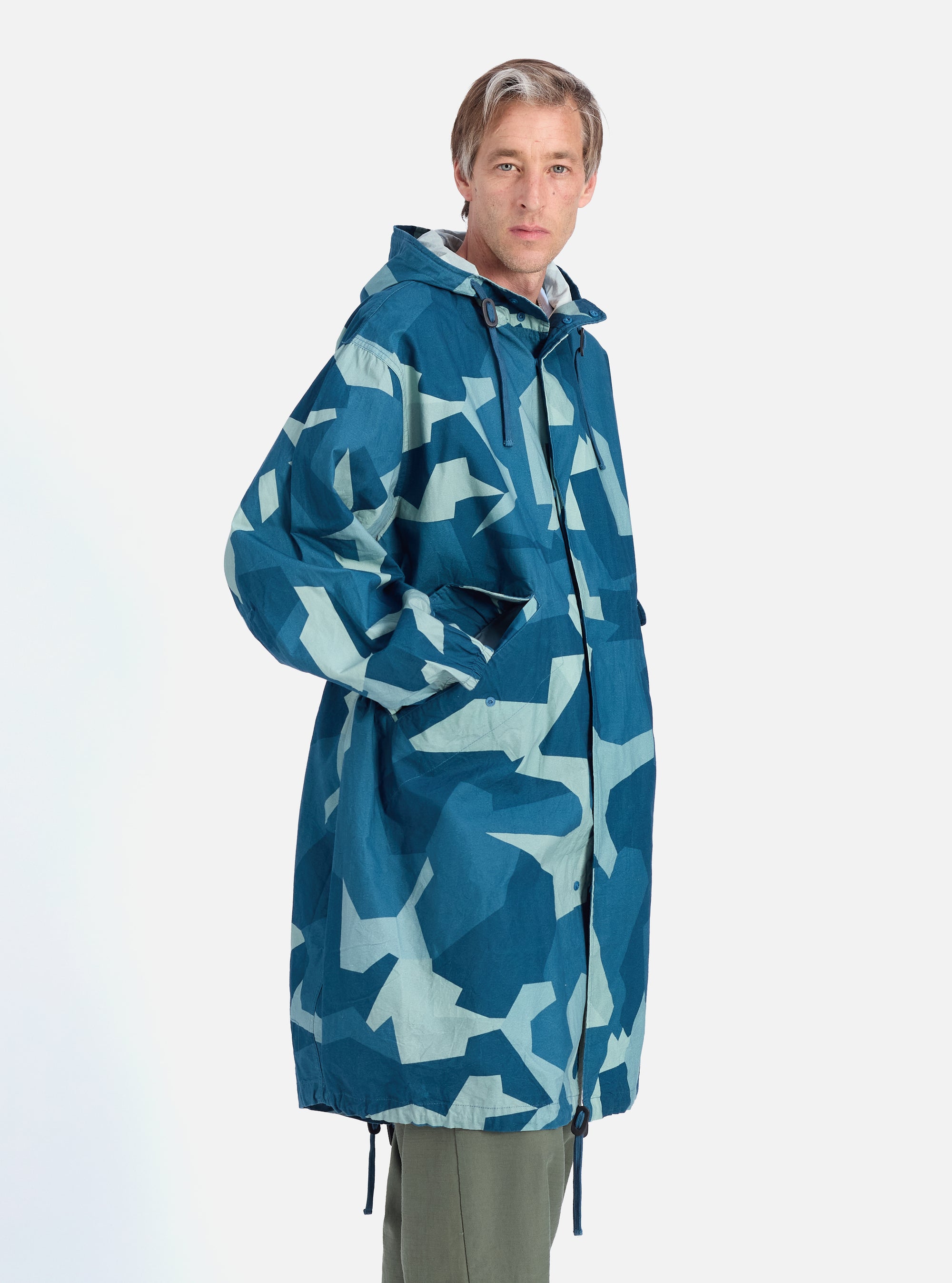 Universal Works Beach Parka in Blue Swedish Camo
