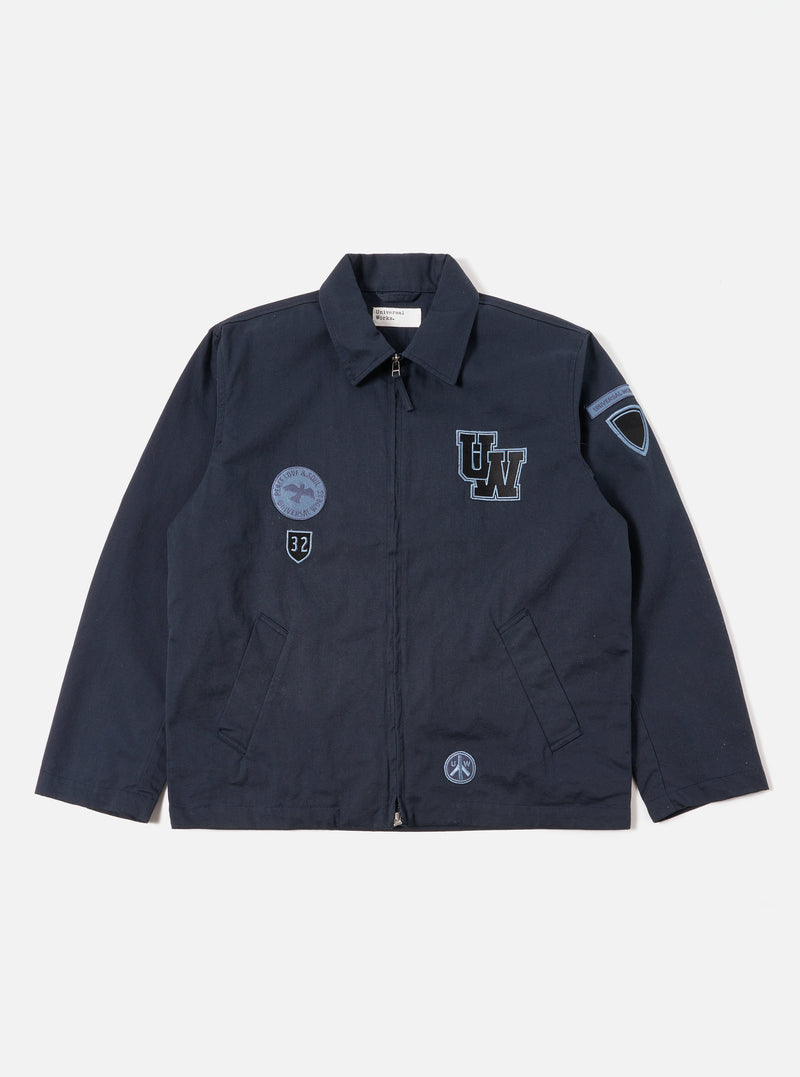 Universal Works Drizzler Jacket in Navy Twill/Badges