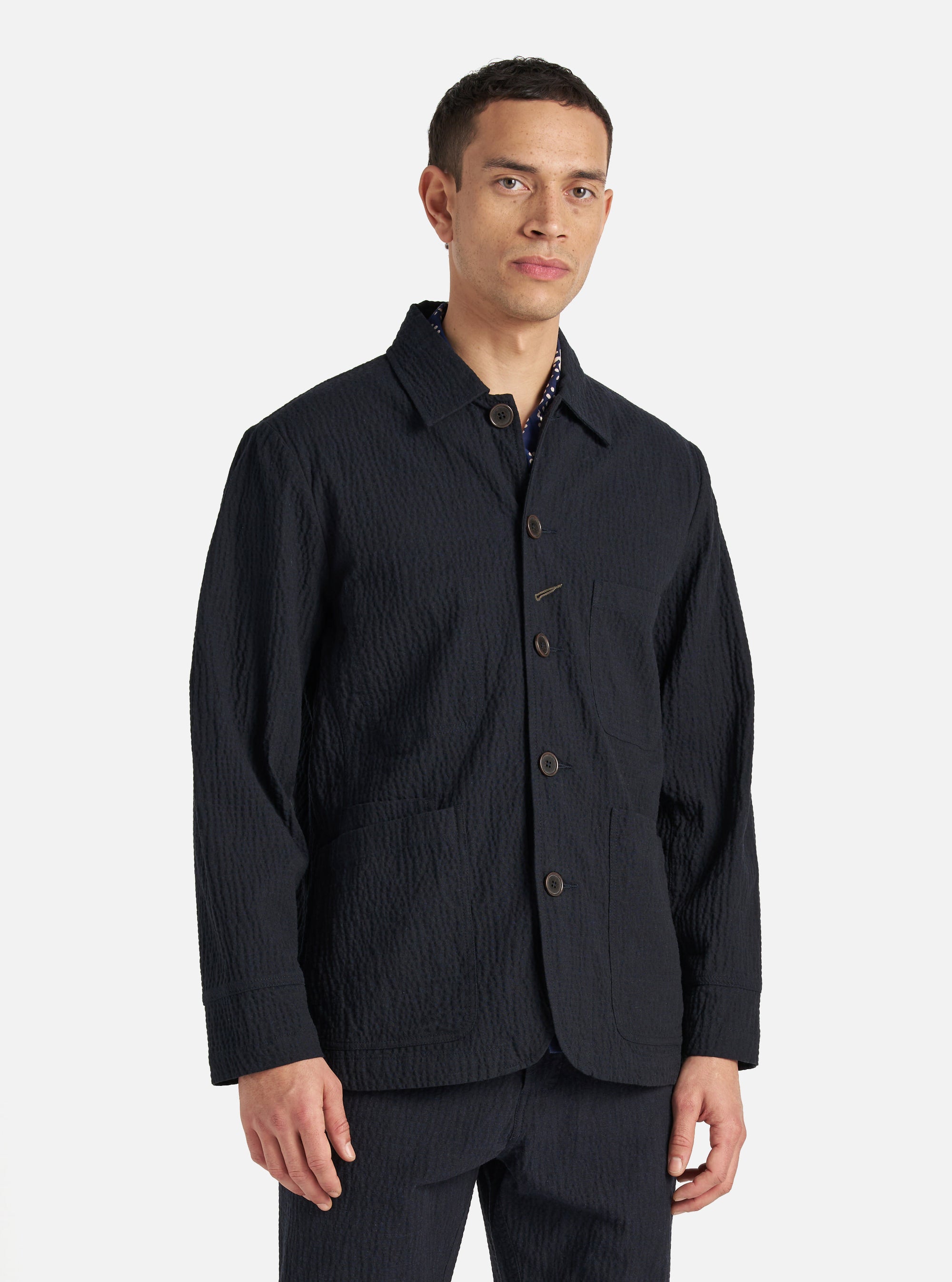 Universal Works Original Bakers Jacket in Dark Navy Ospina Cotton