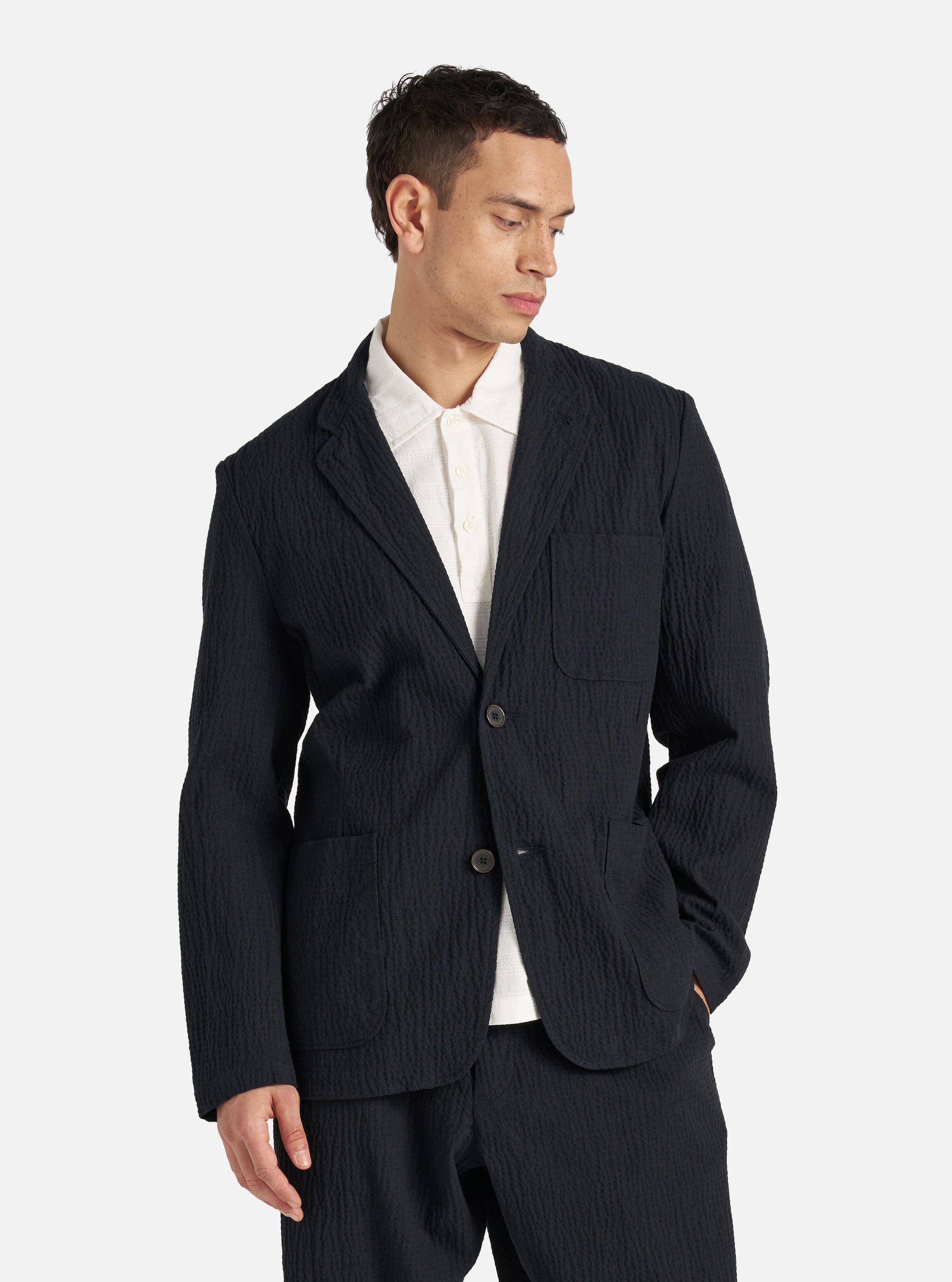 Universal Works Two Button Jacket in Dark Navy Ospina Cotton