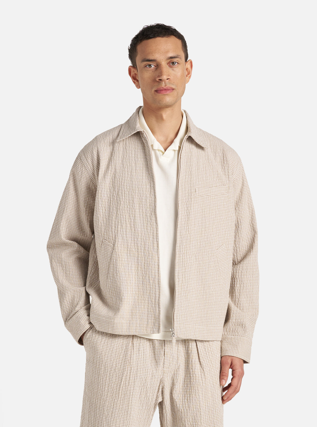 Universal Works Windcheater Jacket in Ecru/Sand Ospina Check Cotton