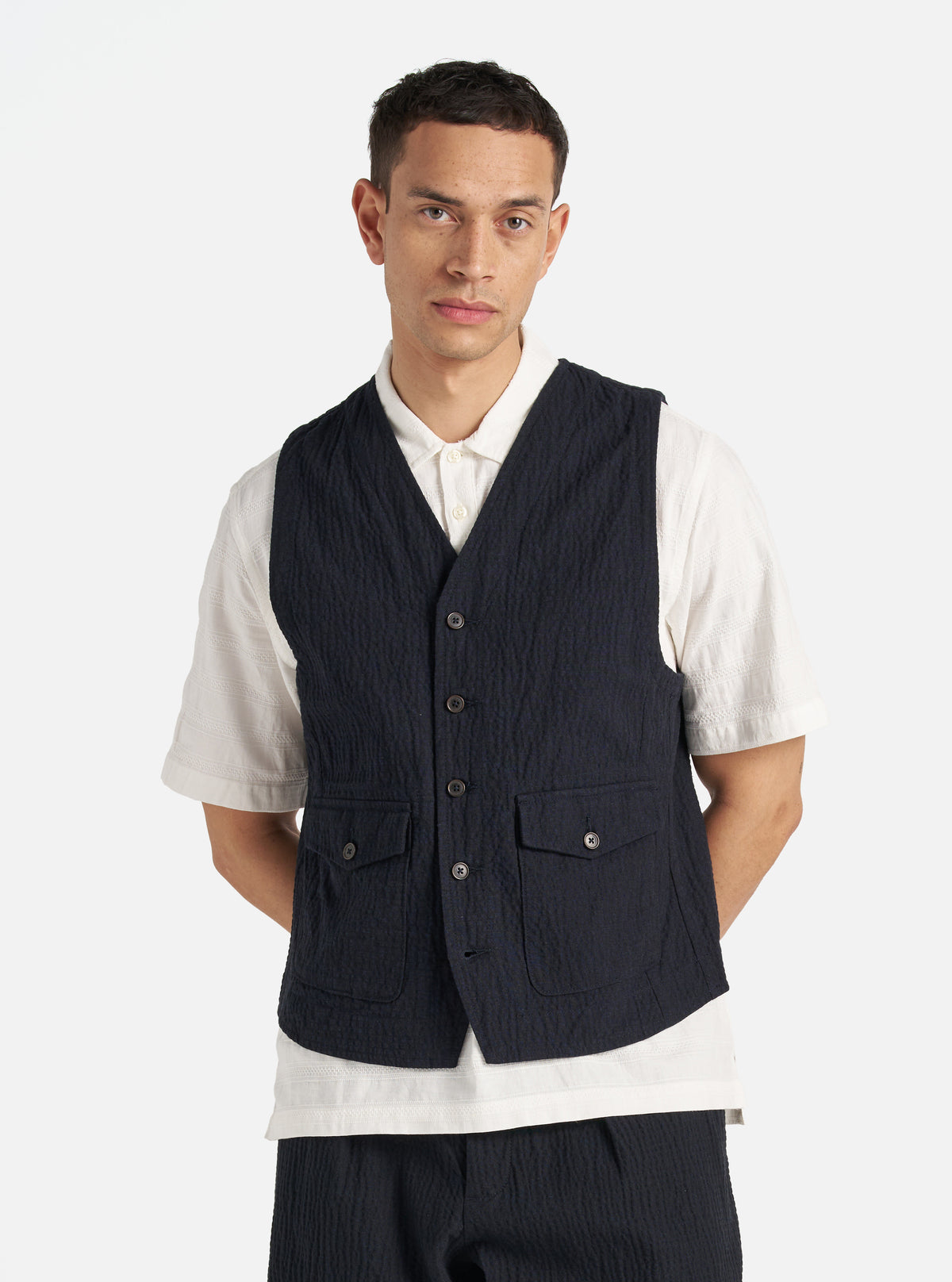 Universal Works Field Waistcoat in Dark Navy Ospina Cotton