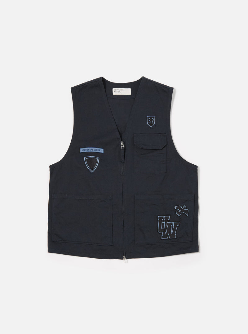 Universal Works Marine Gilet in Navy Twill/Badges