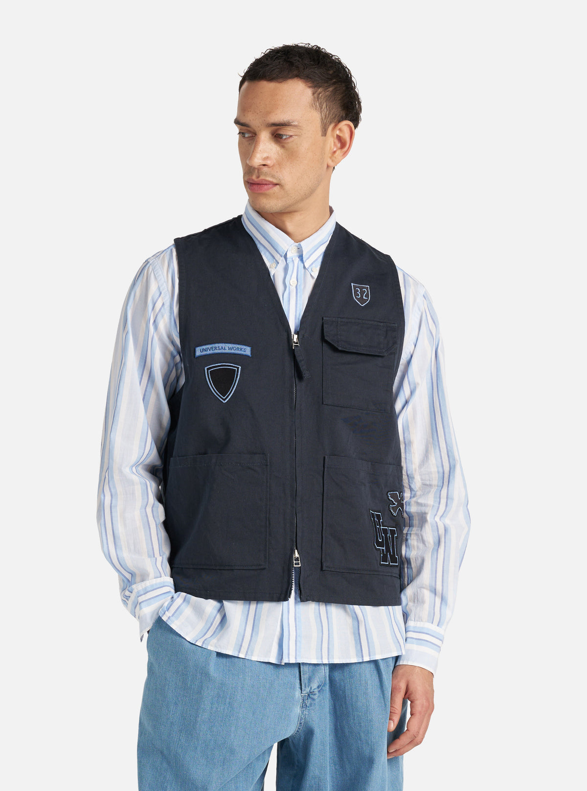 Universal Works Marine Gilet in Navy Twill/Badges