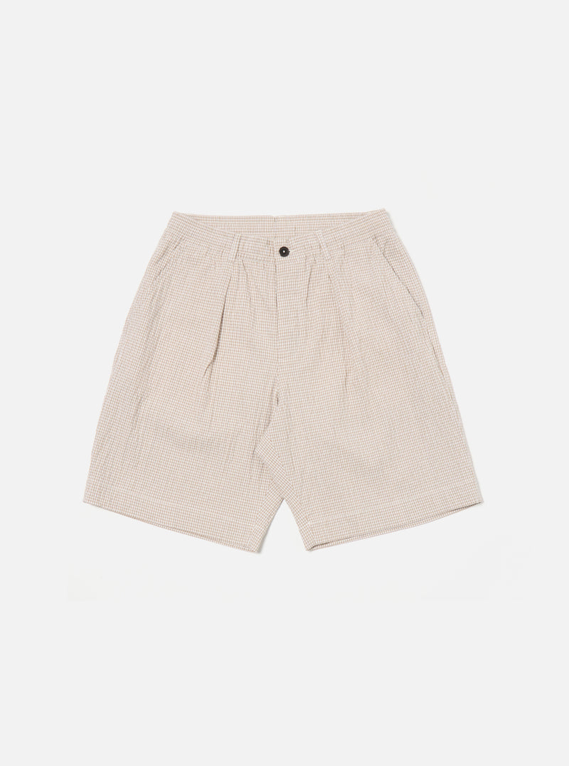 Universal Works Pleated Track Short in Ecru/Sand Ospina Check Cotton