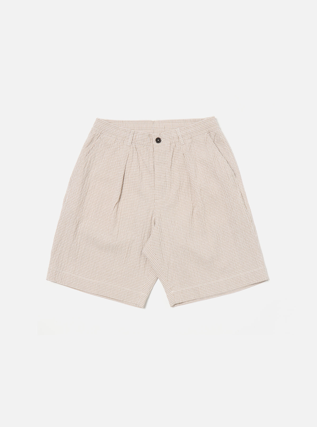 Universal Works Pleated Track Short in Ecru/Sand Ospina Check Cotton