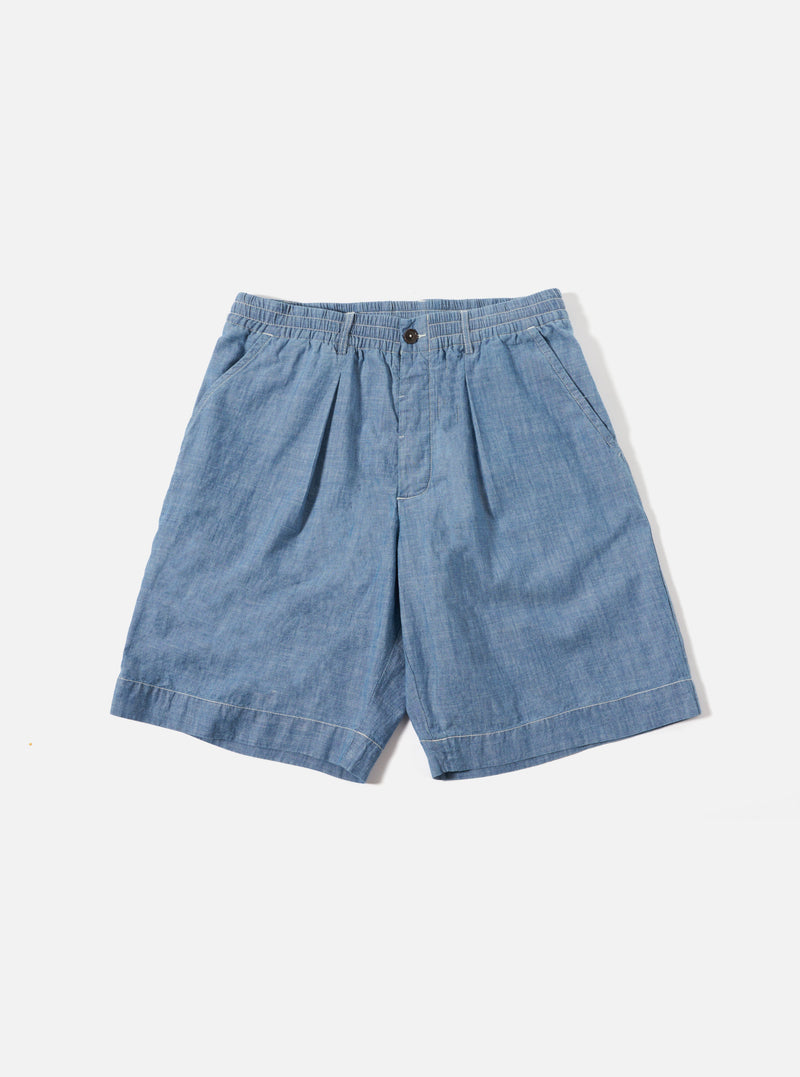 Universal Works Pleated Track Short in Washed Indigo Chambray