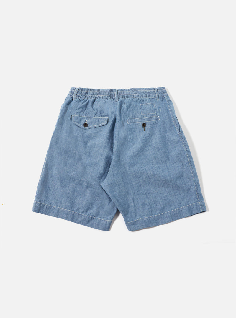 Universal Works Pleated Track Short in Washed Indigo Chambray