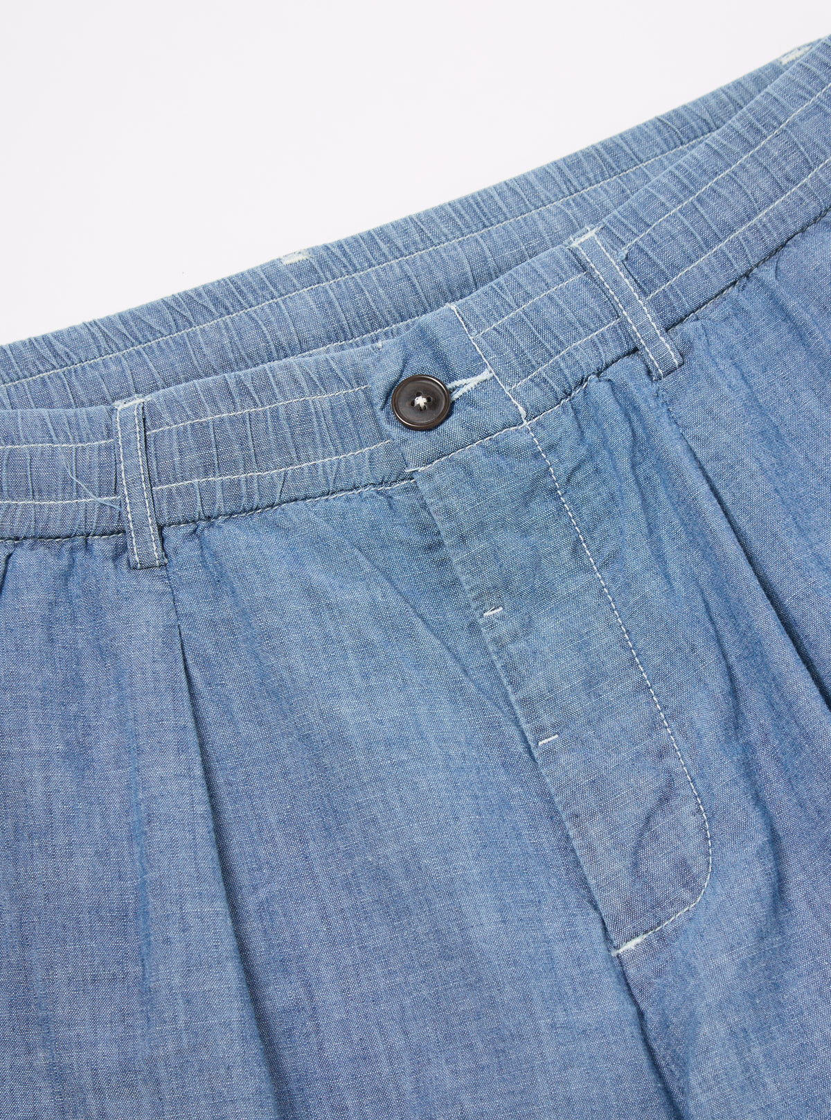 Universal Works Pleated Track Short in Washed Indigo Chambray