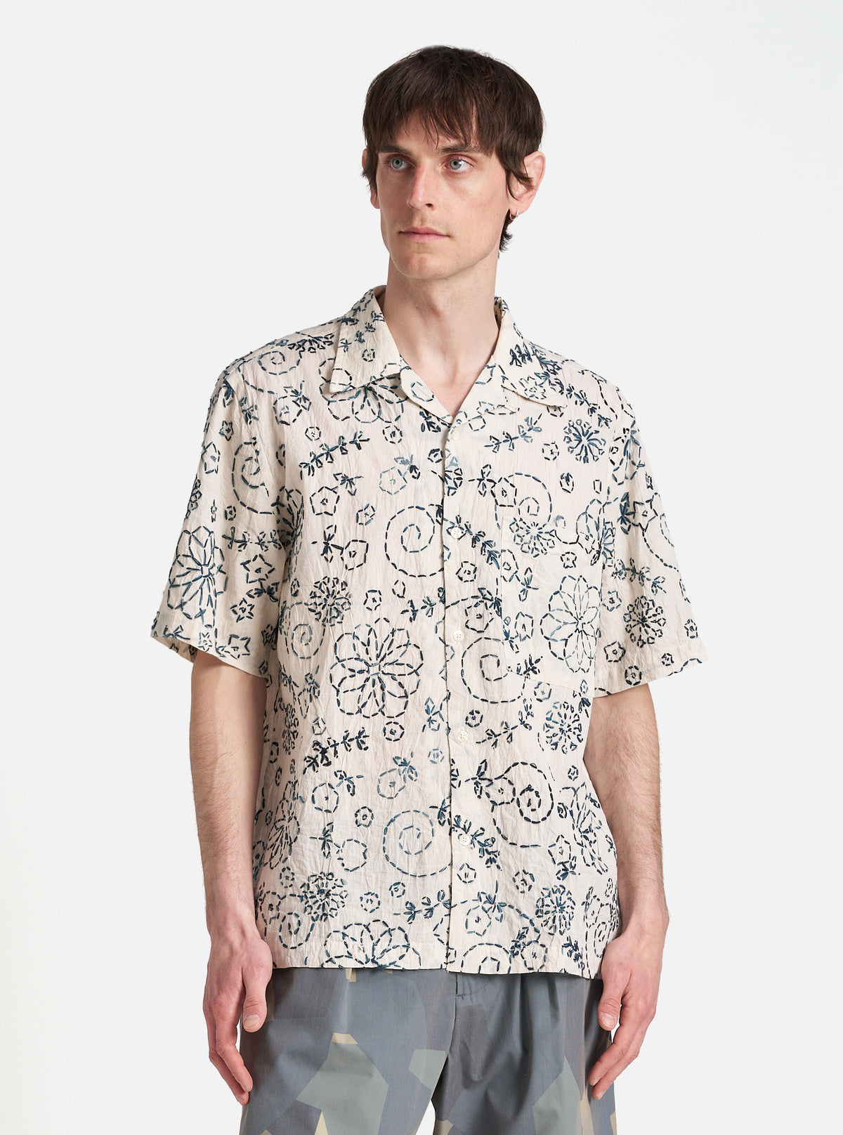 Universal Works Camp Shirt in Ecru Charcoal Kantha Cotton