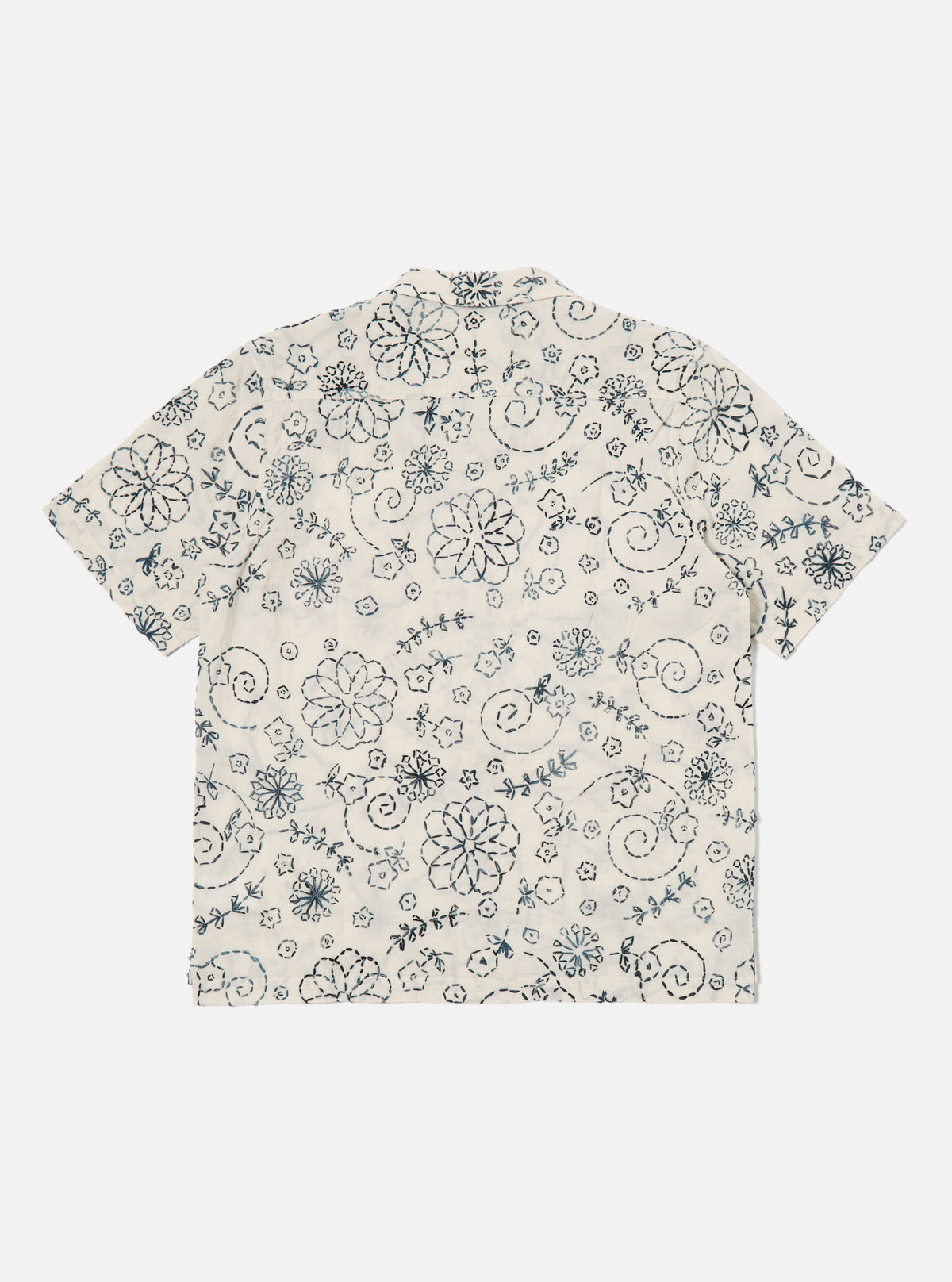 Universal Works Camp Shirt in Ecru Charcoal Kantha Cotton