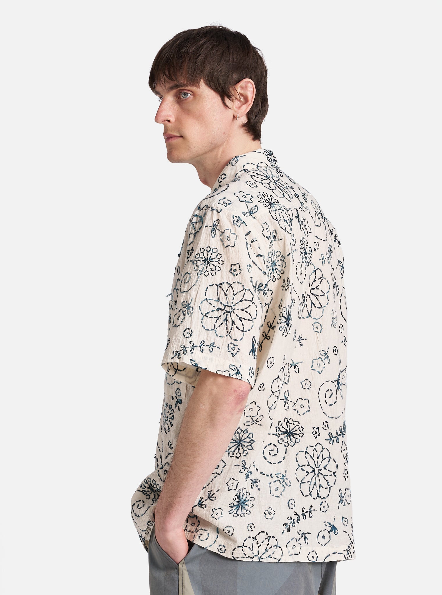 Universal Works Camp Shirt in Ecru Charcoal Kantha Cotton