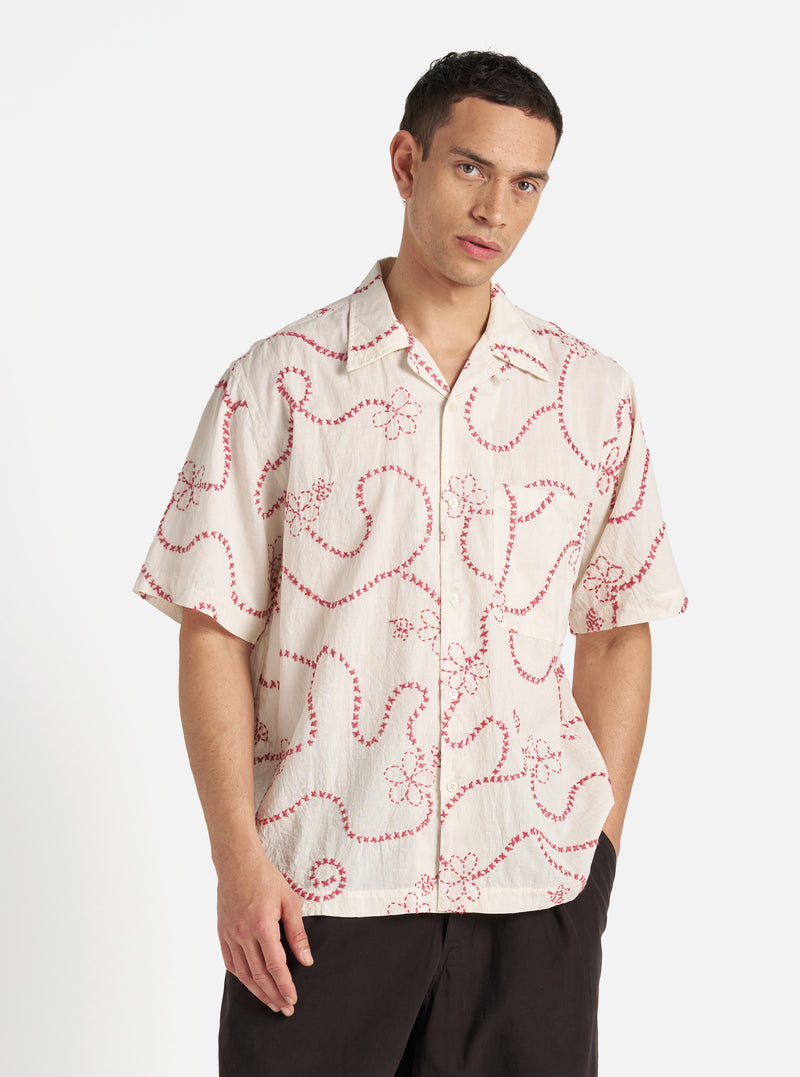 Universal Works Camp Shirt in Ecru Terracotta Kantha Cotton