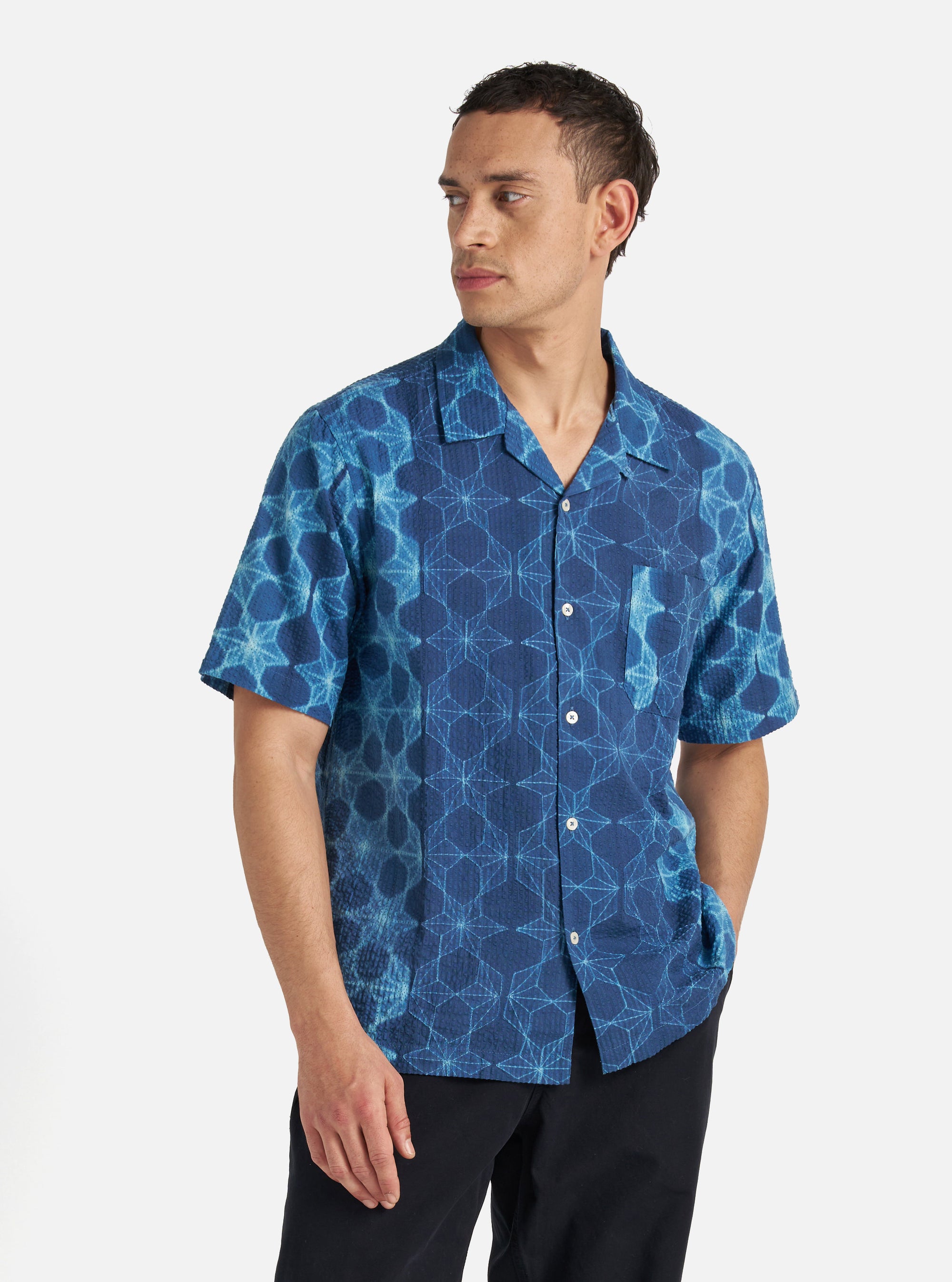 Universal Works Road Shirt in Indigo Needle Tye N Dye