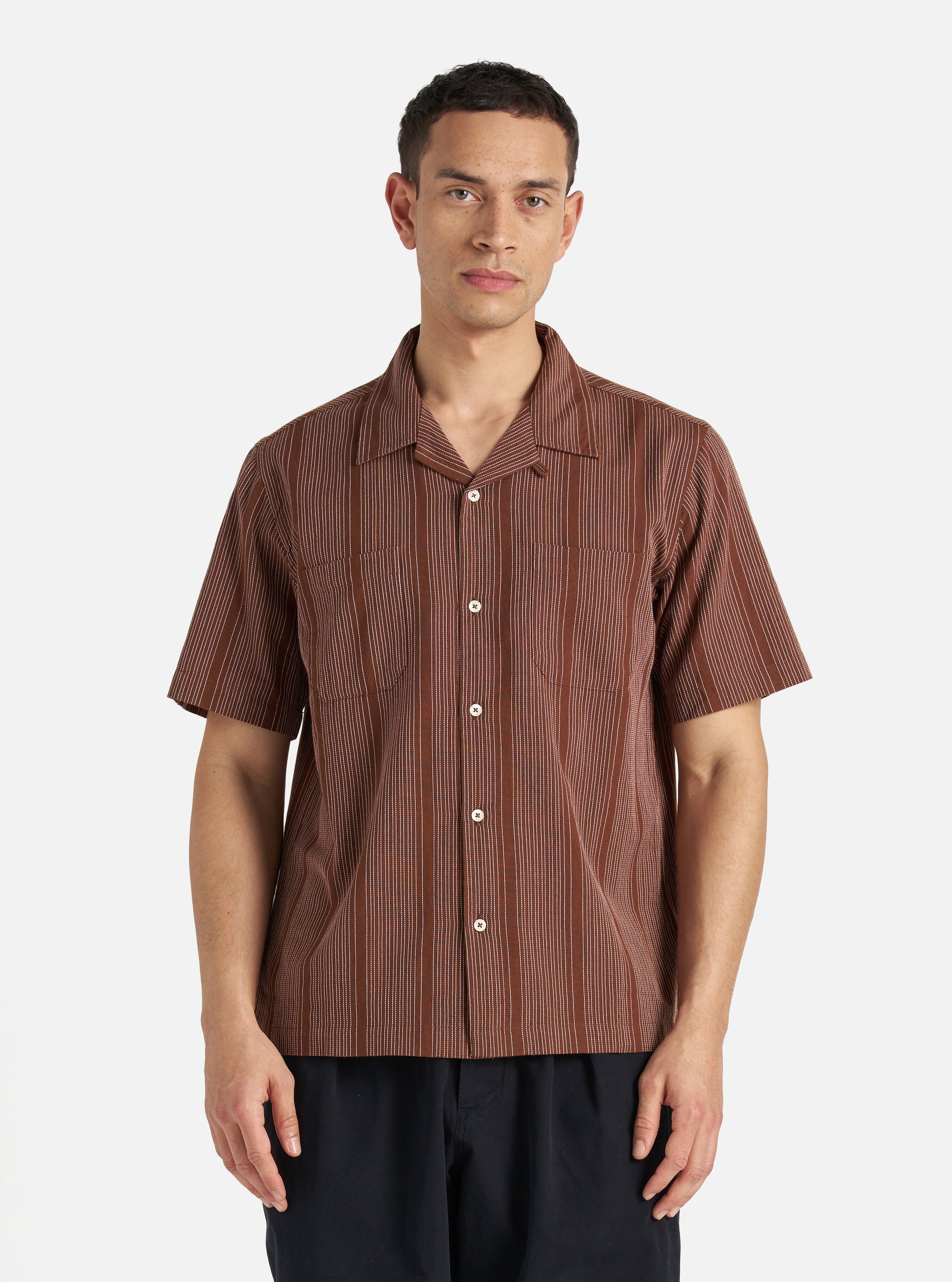 Universal Works Sal Road Shirt in Brown Kantha Stripe