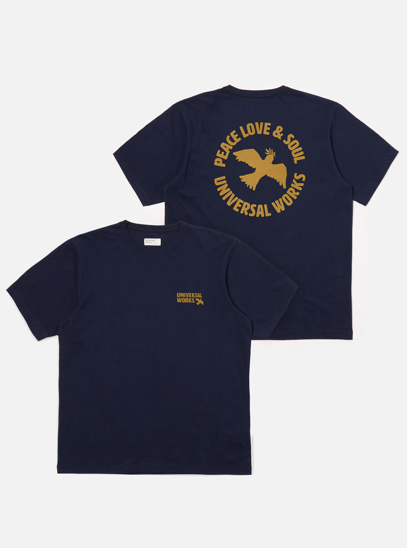 Universal Works Pls Print Tee in Navy Single Jersey Pls