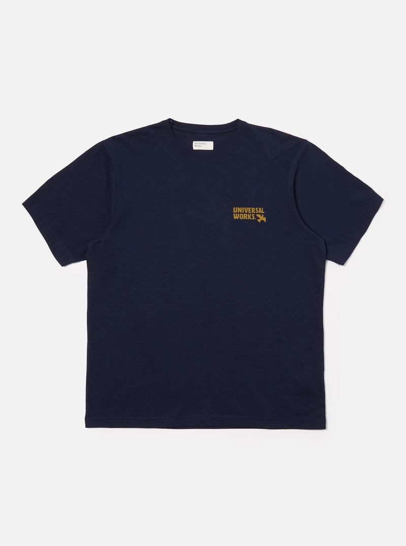 Universal Works Pls Print Tee in Navy Single Jersey Pls