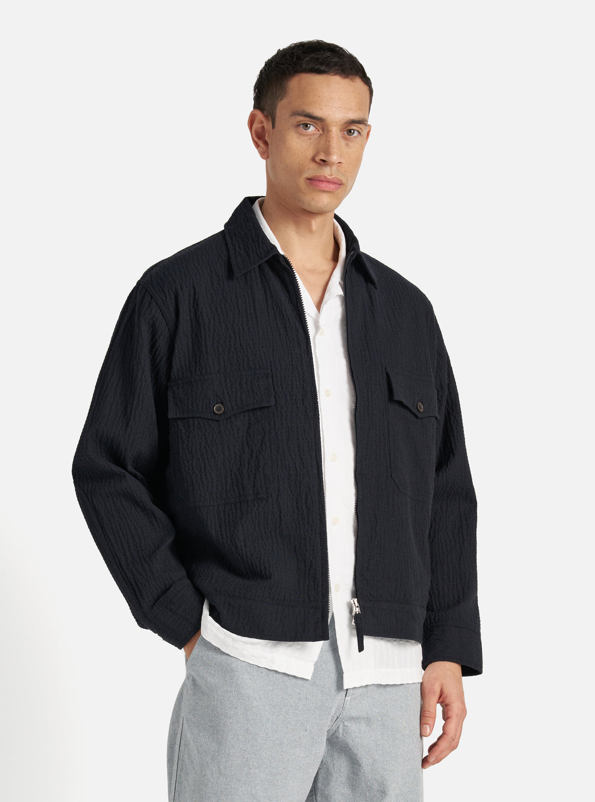 Universal Works E130 Jacket in Dark Navy Ospina Cotton