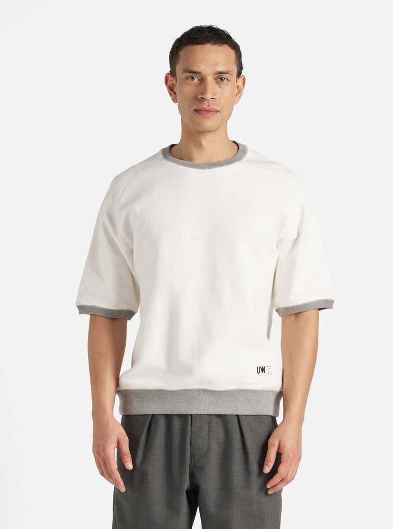 Universal Works Short Sleeve Crew in Ecru Brush Back Sweat