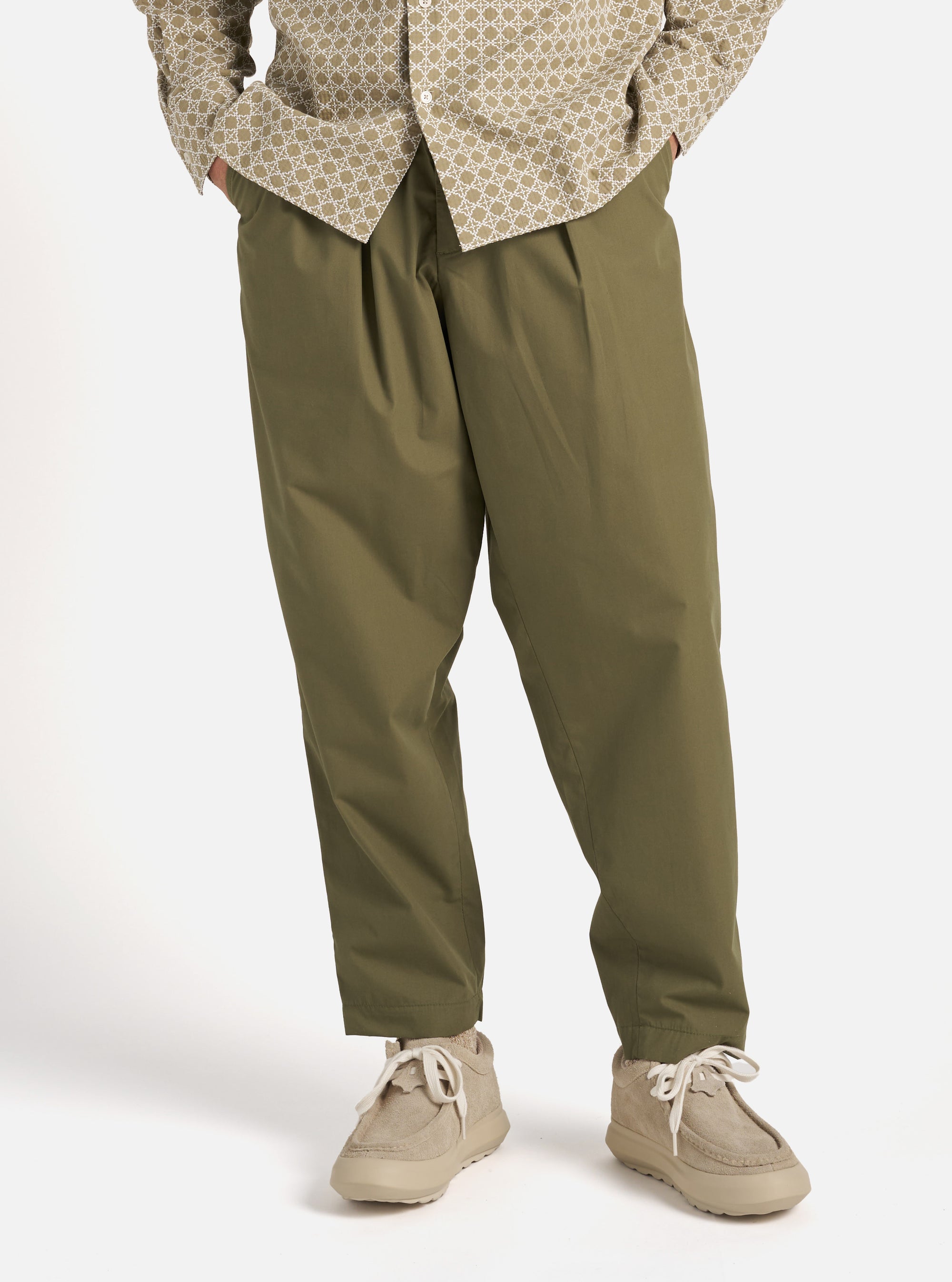 Universal Works Pleated Track Pant in Olive Recycled Polytech