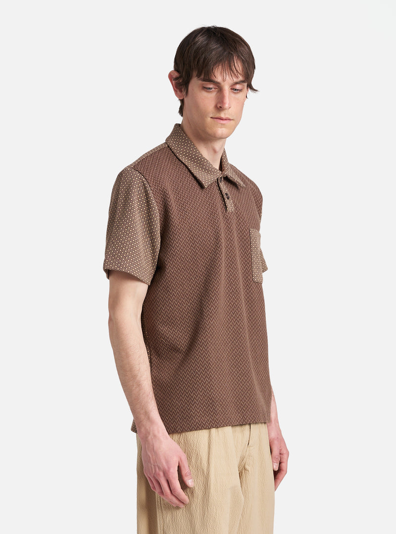 Universal Works Newlyn Polo in Brown Cotton Mix Fleece