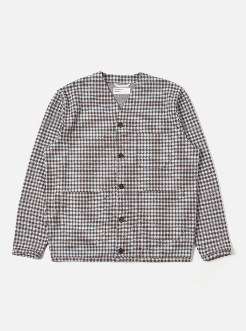 Universal Works Cardigan in Brown/Sky Gingham Cotton