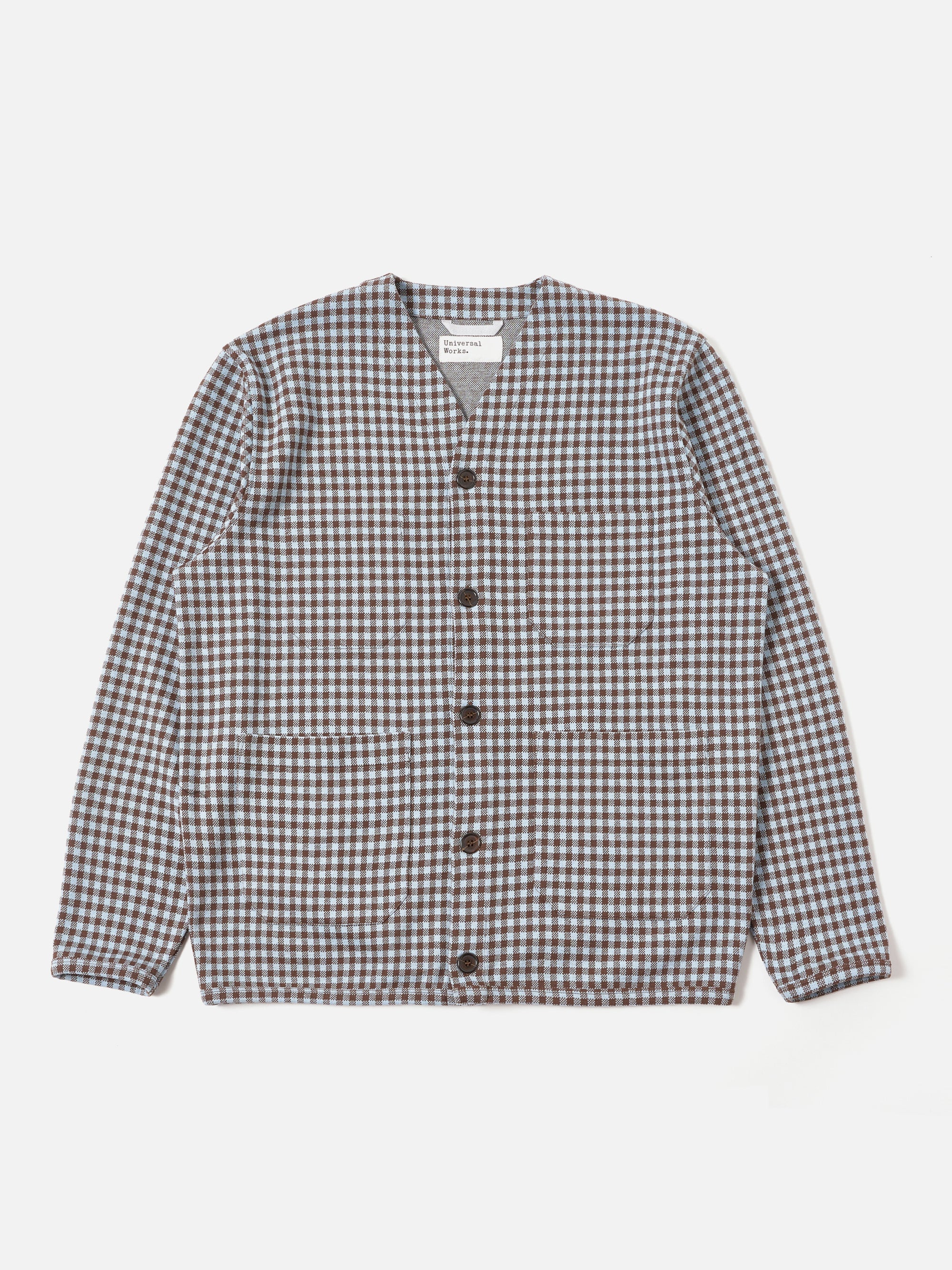 Universal Works Cardigan in Brown/Sky Gingham Cotton