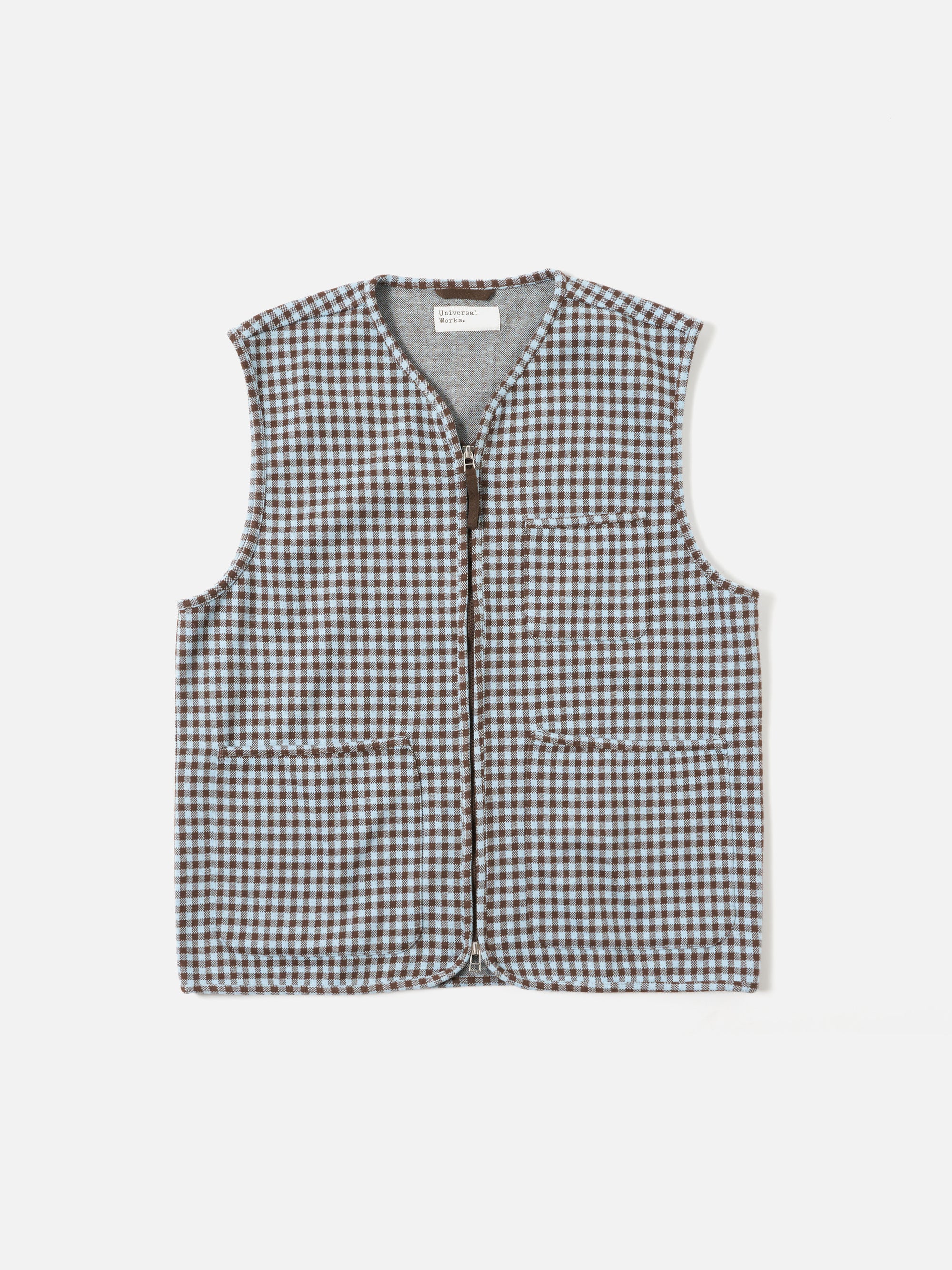 Universal Works Zip Gilet in Brown/Sky Gingham Cotton